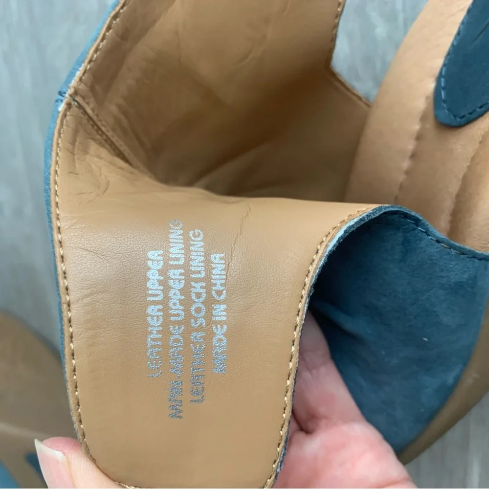 Earth Adina Moroccan Blue Suede Ruched Sling Back Peep Toe Wedge Sandals